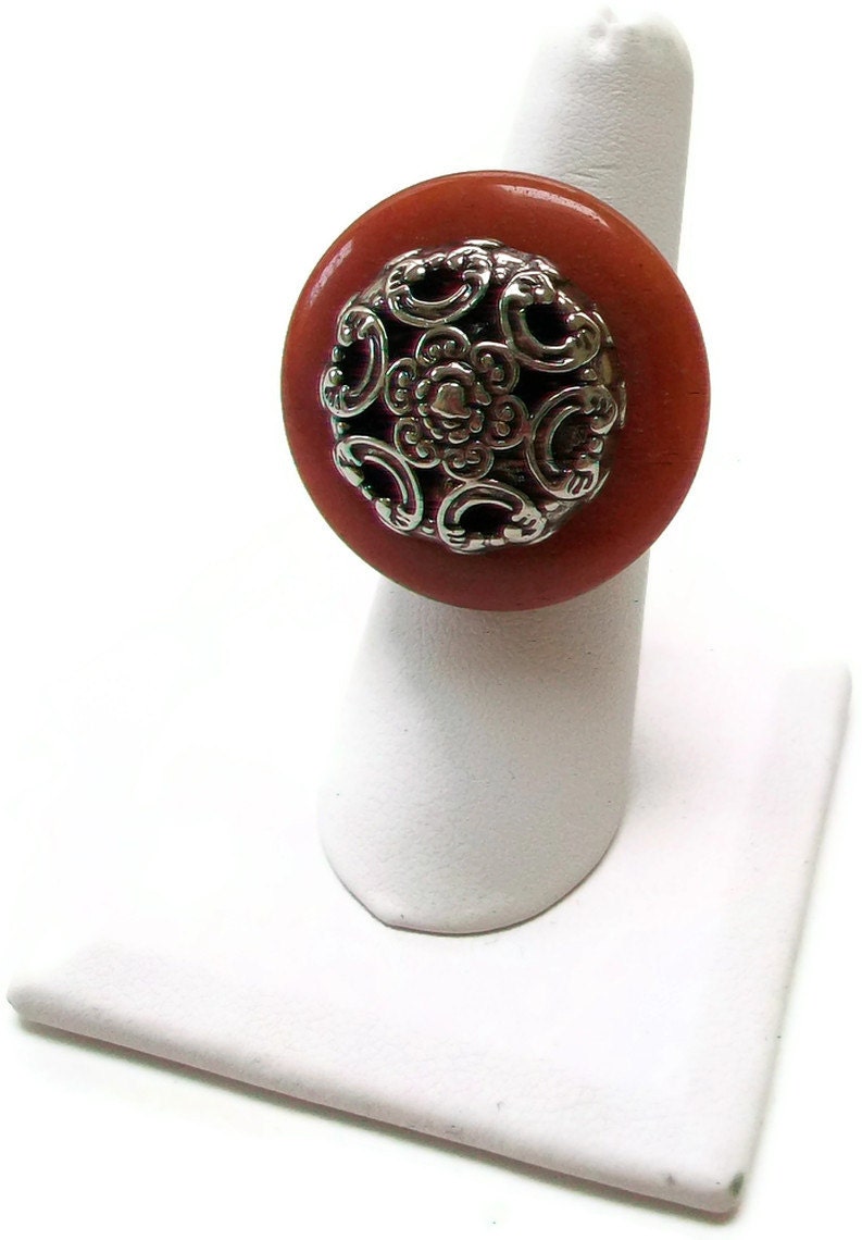 ON SALE Dark Orange Stone and Button Ring, Red Aventurine Donut with Button, Non Tarnish Wire Ring