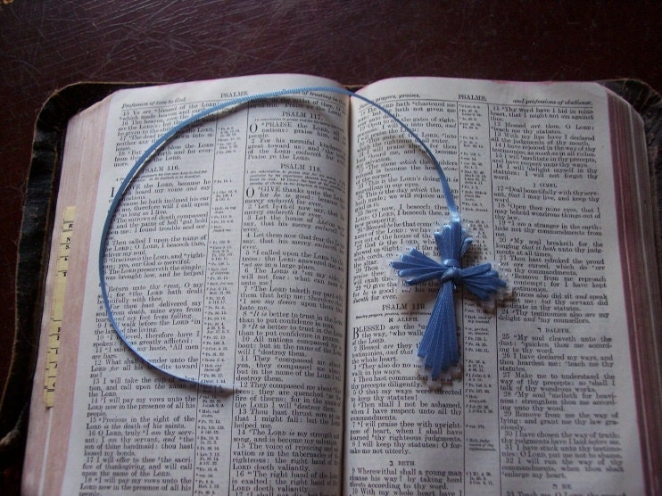 Cross Bible Bookmark Woven With Satin Ribbon On Plastic Canvas