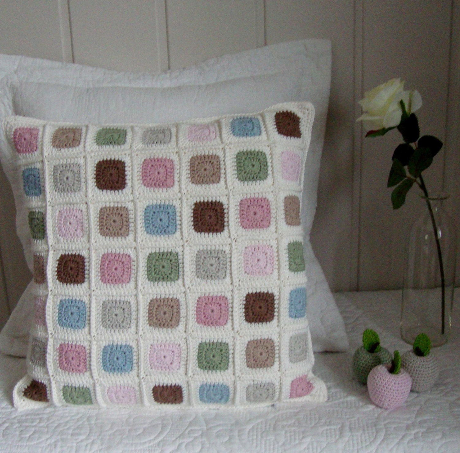 Crochet pillow cover modern geometric patchwork mosaic in pastel colors ready to ship