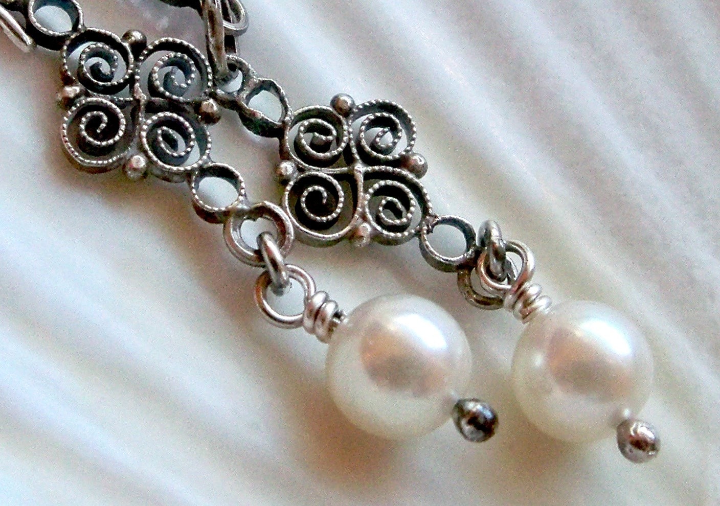June birthday - Long white freshwater pearl dangle earrings - oxidized sterling silver upcycled handmade jewelry - June birthstone