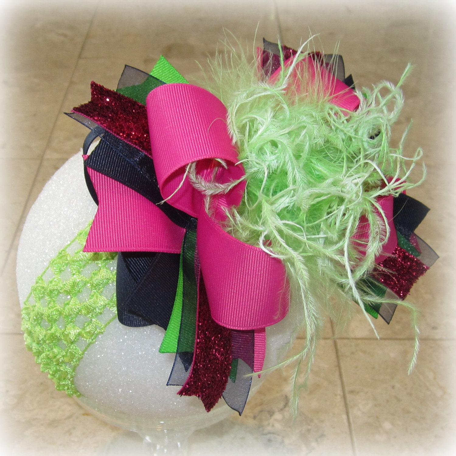Raspberry Navy Blue and Lime Over the Top Ostrich Feather Hair Bow Boutique Pageant Party Hairbow Large Feathers Matching Headband Included