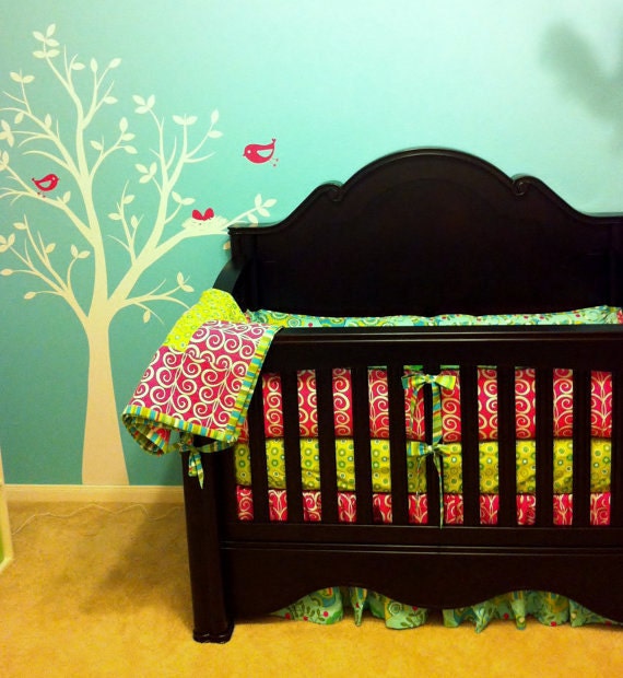CUSTOM BABY BEDDING: 4pc - Bumper, Sheet, Gathered Skirt, Picture Frame Quilt