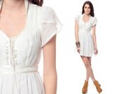 70s GUNNE SAX Dress White Mini Boho Prairie 1970s Tulip Sleeve Cotton Bohemian Wedding Vintage Babydoll Hippie Corset Empire Extra Small XS