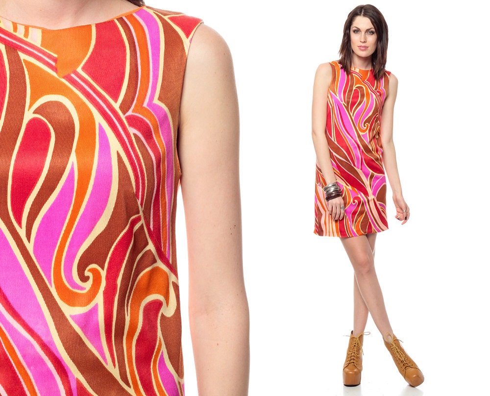 Psychedelic Mini Dress 60s MOD Purple Abstract Print SWIRL 70s Hippie Brown Shift Go Go sleeveless Vintage 1960s Bright Festival gogo Small