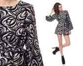 Metallic SILVER Dress 70s Mod Micro Mini BELL Sleeve 1970s Party Belted Vintage XL 60s Shift Space Age Black Swirl Print Extra Large l