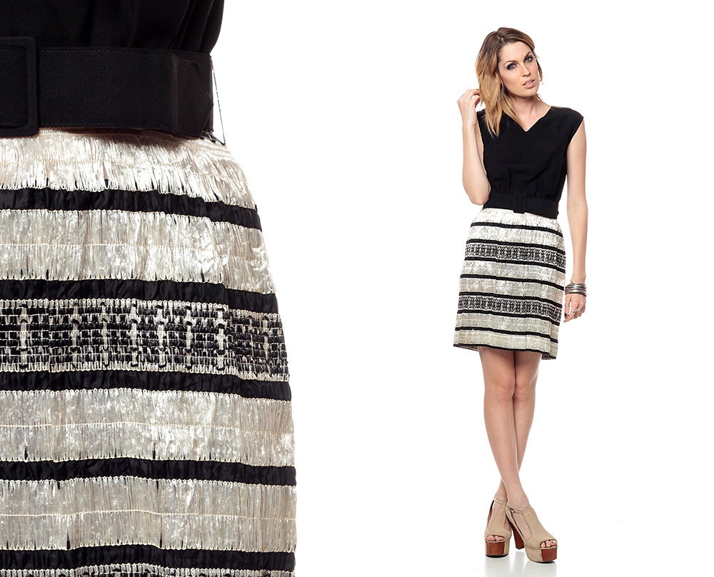 Black and White Dress 60s 70s Mini BELTED Mod Striped 1970s Party V Neck High Waisted Vintage Shimmery Cap Sleeve Cocktail Small Medium
