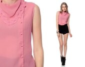 Cowl Neck Top Blouse 70s CUT OUT Floral Dusty Pink 1970s Button Up Asymmetrical Vintage Sheer 80s Sleeveless Hipster Cutout Medium Large
