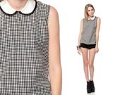 Peter Pan Collar Blouse 80s Houndstooth Checkered Print Top Black and White Shirt Preppy 1980s Mod Vintage Tank Sleeveless Medium Large