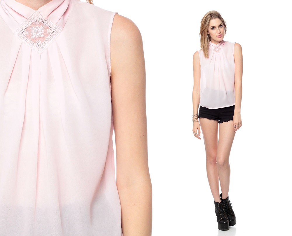 Pink Chiffon Blouse 80s Lace Inset DRAPE Top High Neck Sheer 1980s Pastel Vintage Hipster Dreamy Sleeveless Romantic Shirt Medium