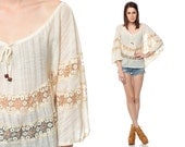 CAFTAN Top 70s Sheer CROCHET Lace Floral Blouse Hippie Boho 1970s Cream COTTON Bohemian Chic Festival Slouchy Shirt Small Medium Large