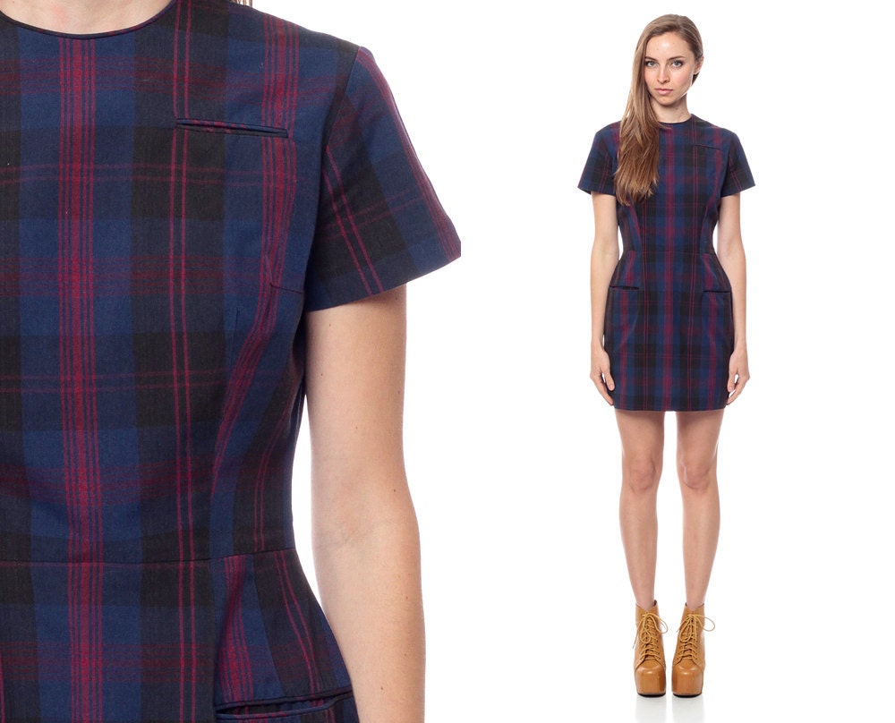50s 60s Dress PLAID Mini Sheath Black Blue Checkered Day 1960s POCKET Vintage Mad Men Short Sleeve Cotton Preppy Minidress Small Meidum
