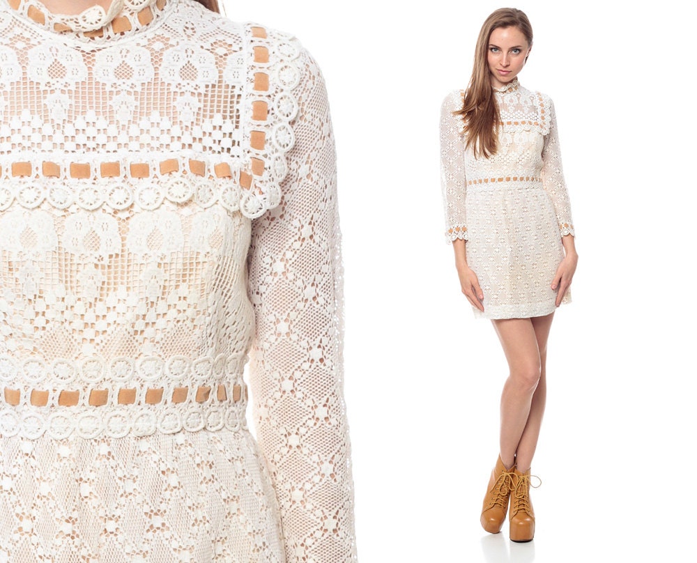 Crochet LACE Dress 60s Mini White BIB Babydoll Party Mod Bohemian Wedding 1960s Boho Hippie Vintage Long Sheer Sleeve Extra Small XS