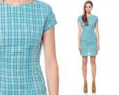 Plaid Dress 50s 60s Mini Aqua Blue CHECKERED Day 1960s Sheath COTTON Fitted Vintage Mad Men Simple Short Sleeve Minidress Extra Small XS