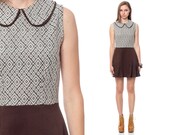 Peter Pan Dress 60s Mod Mini COLLAR Geometric Print Pleated 1960s High Waisted Brown White Vintage Sixties Sleeveless Minidress Medium Large
