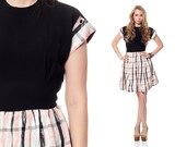 50s 60s Dress Rockabilly Checkered Black and White Pink 1950s Mini Party KEYHOLE Back Mad Men Vintage Full Skirt Dress Small