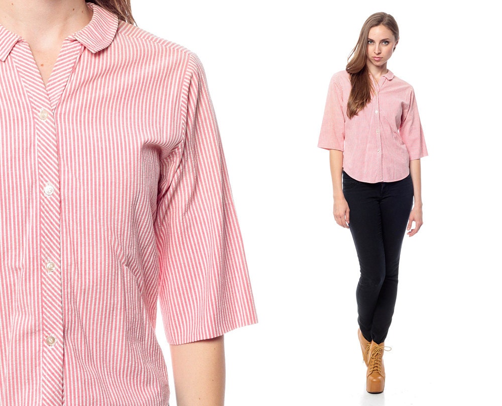 Pinstripe Shirt Top 60s Peter Pan Collar Red Striped Blouse 1960s Vintage Cotton SEERSUCKER Button Up 1/2 Sleeve Preppy Small Medium