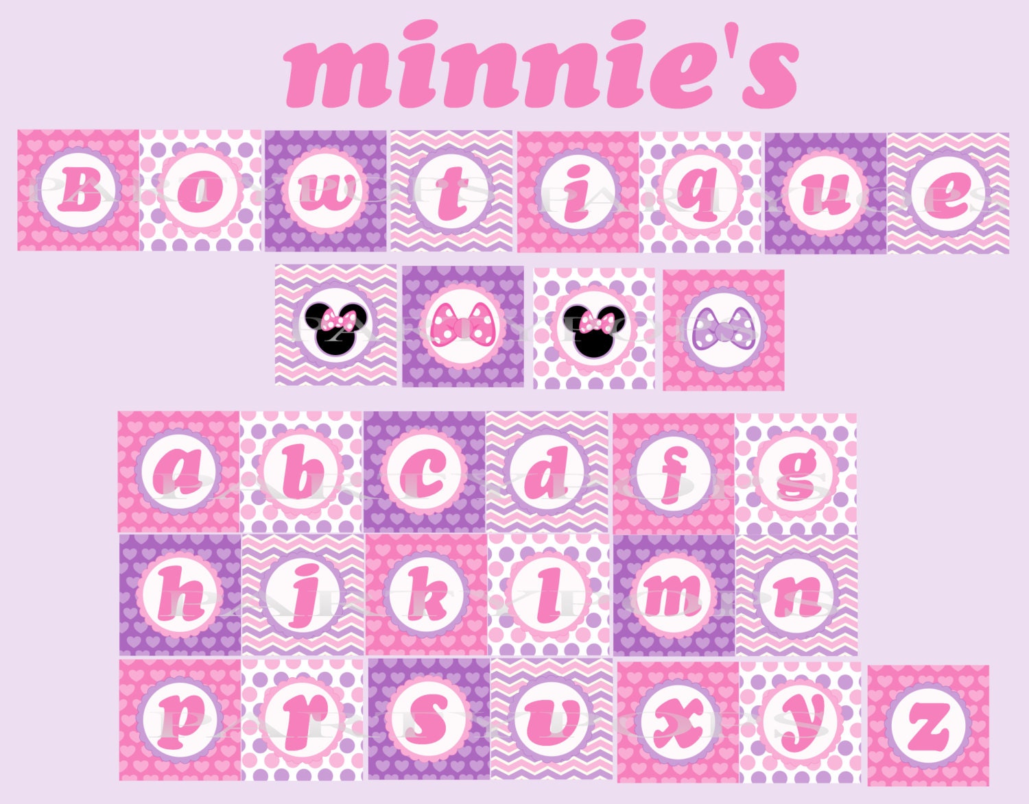DIY Minnie Bow-tique Party Banner, 26 Letters, Minnie Mouse Bow-tique Birtdhay Banner,  Alphabet,  Pink, Purple, INSTANT DOWNLOAD
