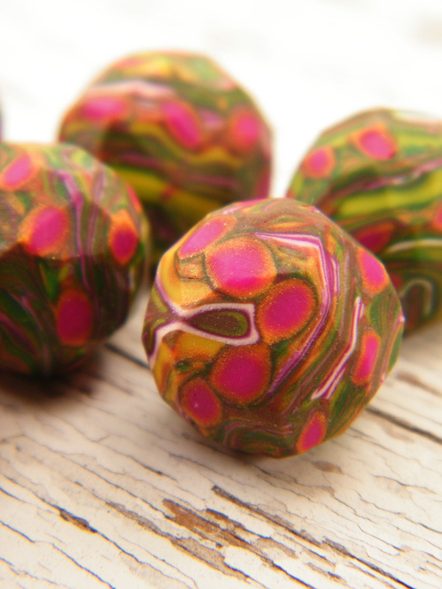 ONLY ONES Watermelon Garden polymer clay faceted cane beads - set of 4 beads (ready to ship)