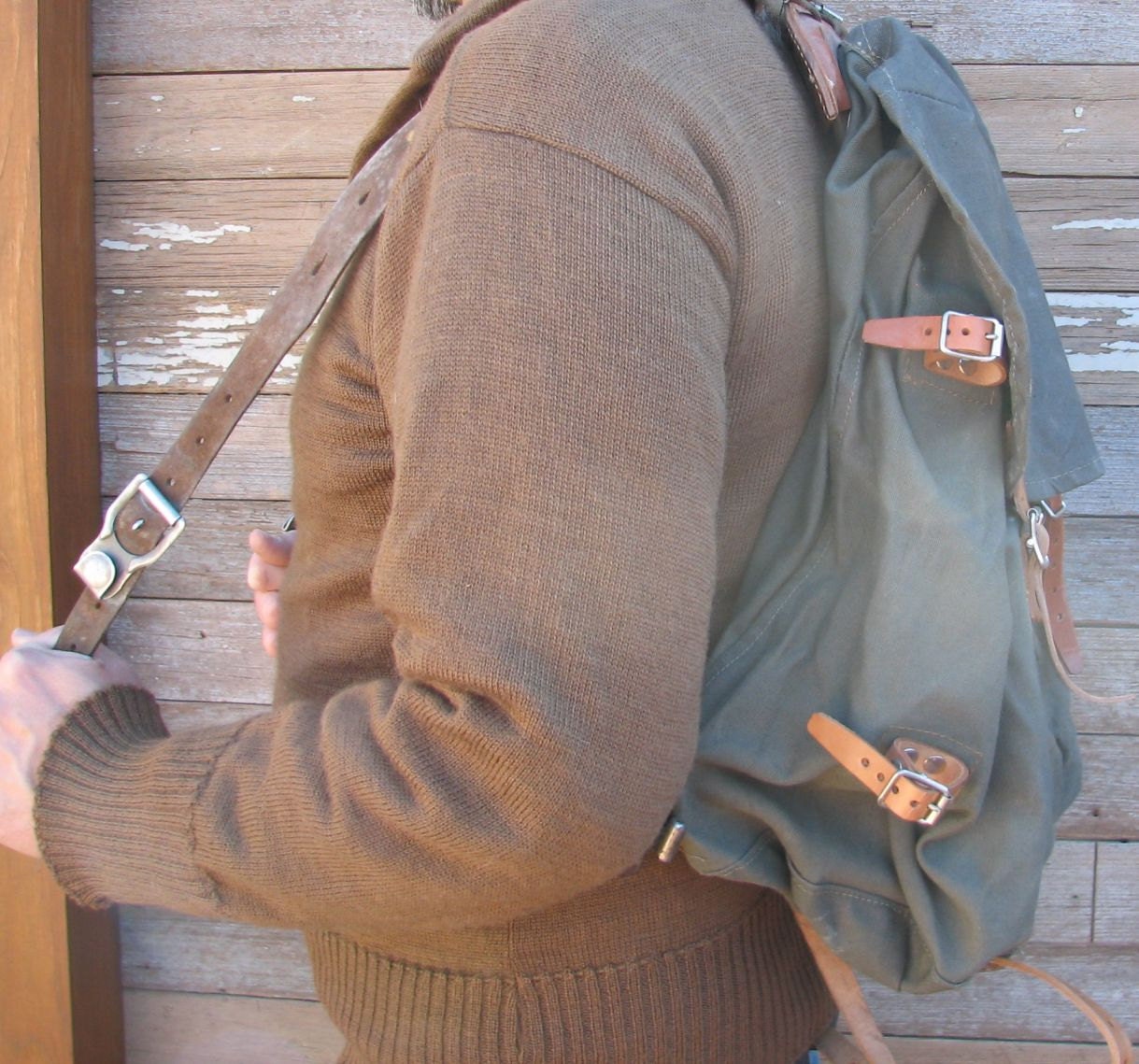 Vintage Military Leather and Canvas Swedish Army Rucksack M39 w External Metal Frame