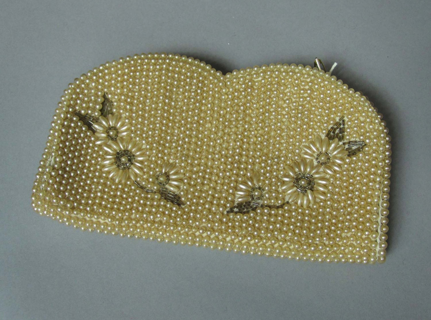 Vintage 1960s pearl embellished purse, clutch, Japanese, made in Japan, flower motif, vintage wallet, change purse