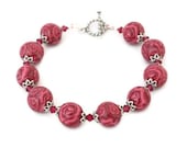 Burgundy Rose Beaded Bracelet - Mothers Day Gift Millefiori Rose Flower - Dark Red Wine - Swarovski Crystals Polymer Clay Bespoke Design