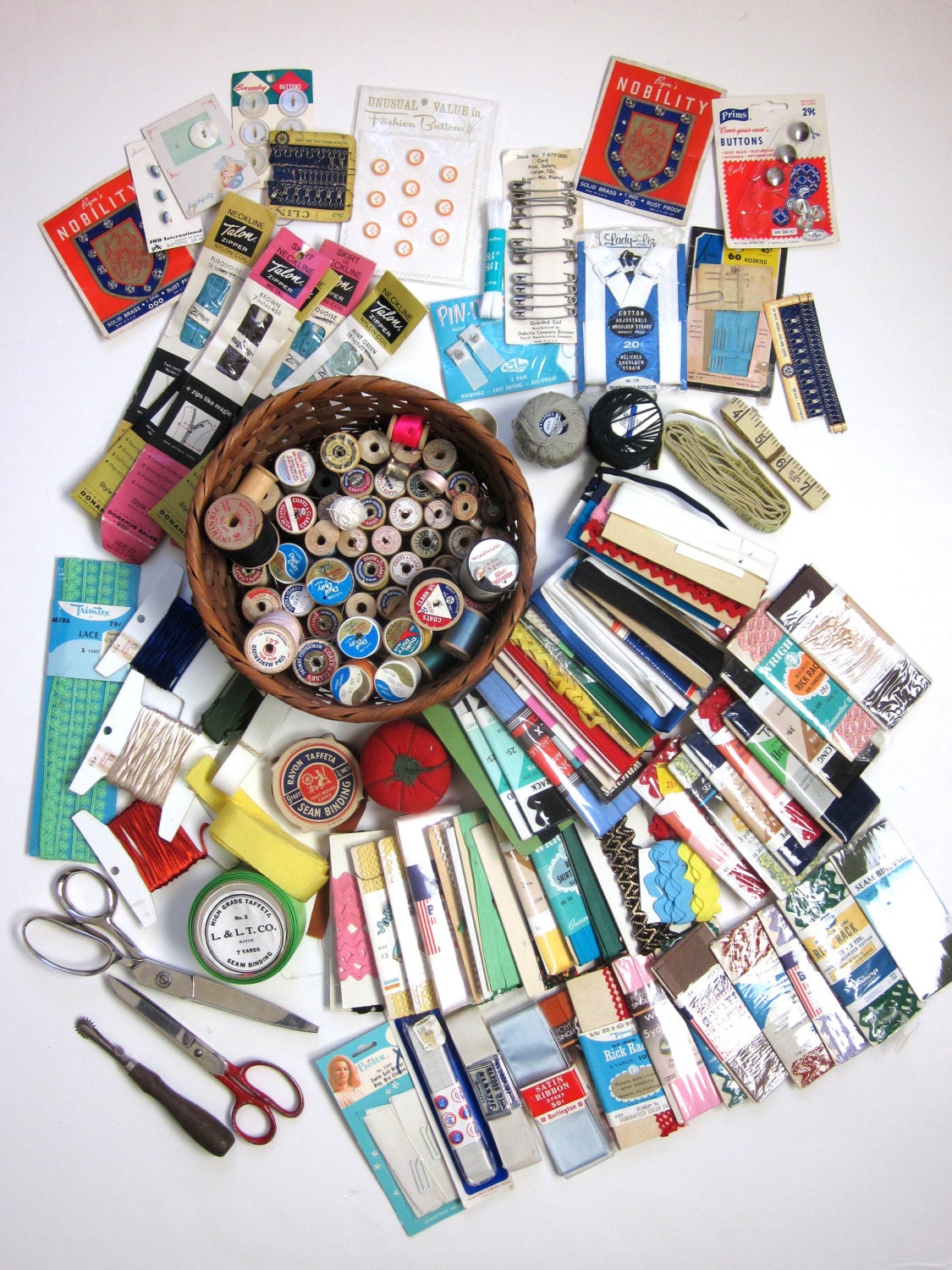Sale // Large Lot of Vintage Sewing Essentials / Ric Rac, Trim, Thread, Scissors, Buttons, Snaps, Pins, and More