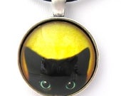 Peeking Kitty Black Cat Handmade Glass Tile Pendant