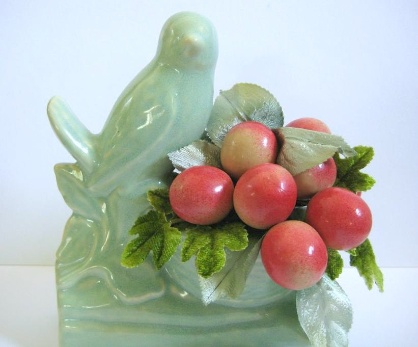 Vintage Bird Planter Millinery Cherries Ivy Leaves Cottage Decor