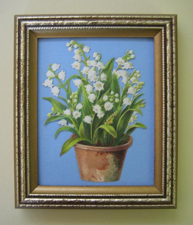 Lily of the Valley in Antique Clay Pot 1890's Victorian Die Cut Framed