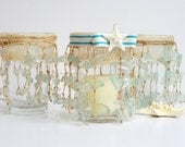 Beach Decor Sea Glass Candle Votive Holder - Nautical Beach Glass Votives in Ice Blue