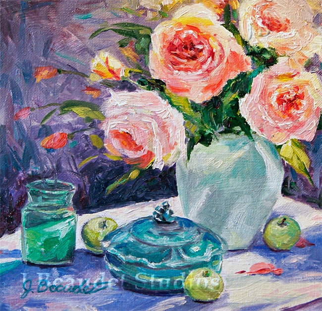 Original oil painting Roses floral painting shabby chic decor impressionist square Blush peach and Green wall decor