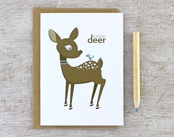 Hello Deer Notecard Set: Deer Note Cards - Brown Fawn, Deer Print, Baby Bird, Light Blue, Brown, Woodland Animal, Autumn - 4Bar (Set of 3)