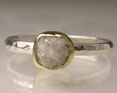 Raw White Diamond Engagement Ring - 18k Yellow Gold and Palladium Sterling Silver