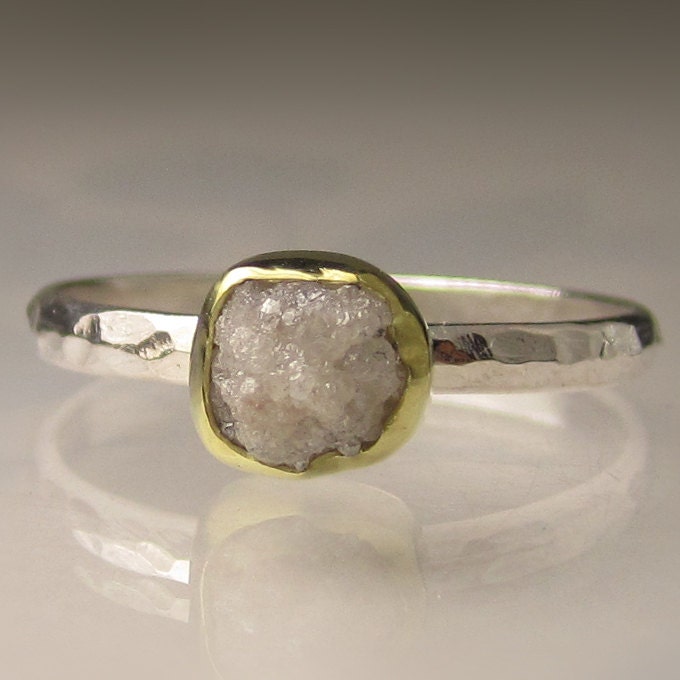 Raw White Diamond Engagement Ring - 18k Yellow Gold and Palladium Sterling Silver