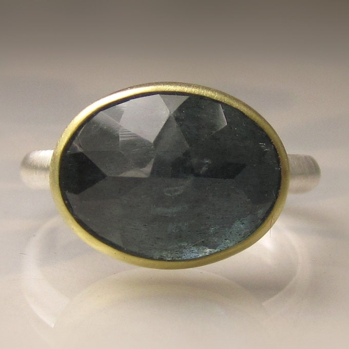 Rose Cut Dark Blue Moss Aquamarine  - 18k Yellow Gold and Sterling Silver