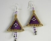 Dyed porcupine quilled on birch bark triangle-shaped earrings