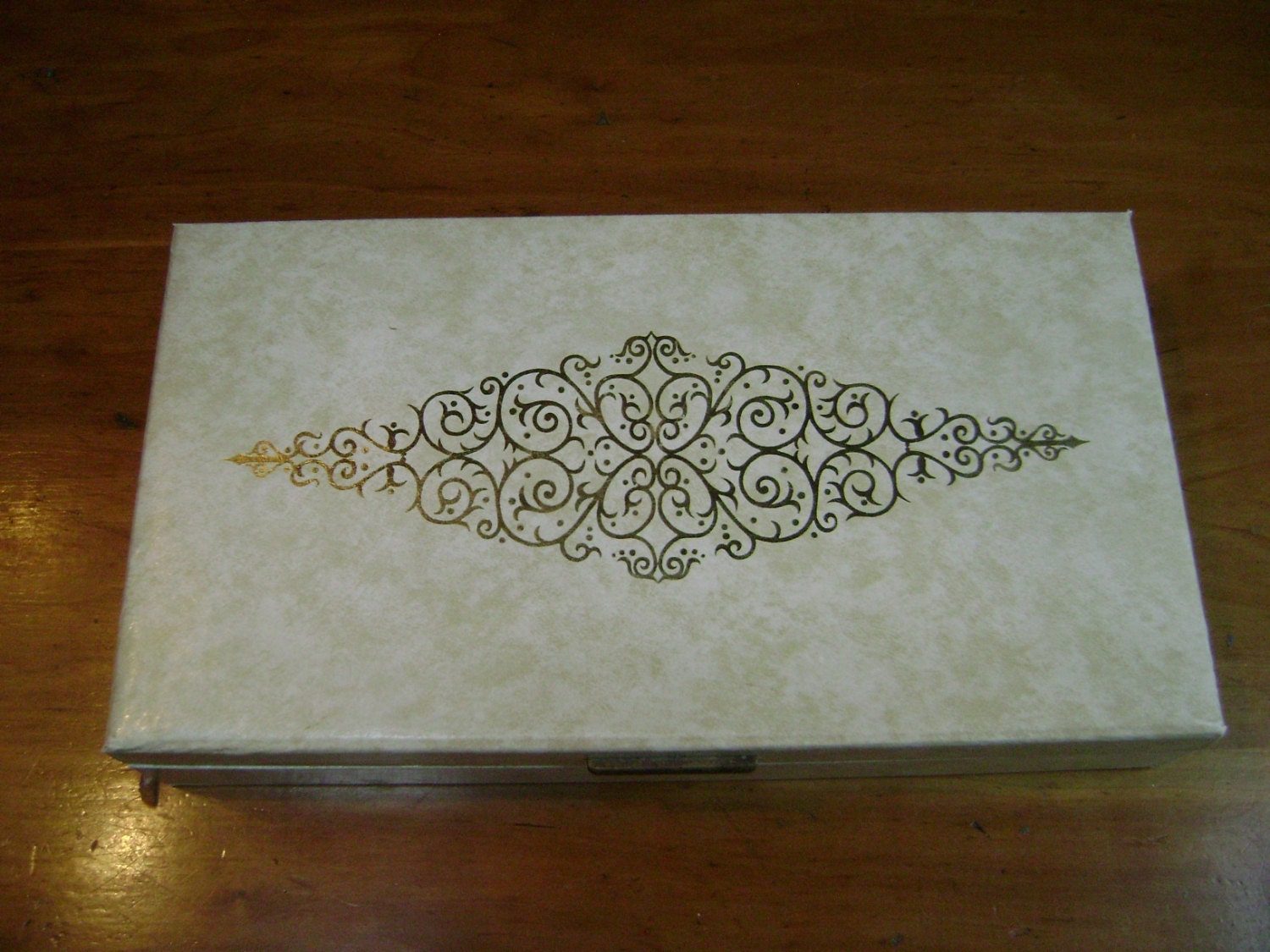 Vintage Jewelry Box, French Country, Ecru Gold Flourish, Black Velvet Lining, Mirror, Provincial, Shabby Chic, Sleek, Hinged Top