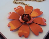Vintage Long Necklace Metal Flower Pendant 1960s Enameled Soft Apricot