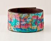 Leather Cuff / Art Jewelry - Bohemian Fashion - Women's Small - Abstract - OOAK - Festival