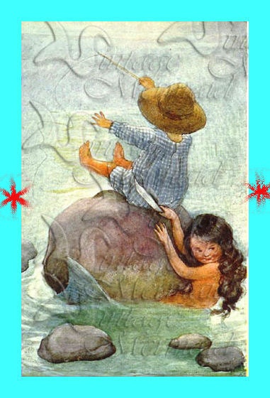 MB14  MERMAID FABRIC Merbaby & Fisher Boy Postcard Cotton Fabric Block Applique for Quilt 5 x 7