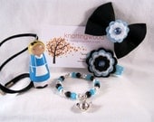 Alice in Wonderland Wood Peg Doll Accessory Set, Pendant, Bracelet, Felt Flower Hair clip, Hair Bow Clip - READY TO SHIP