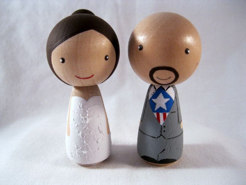 Full Custom Personalized Kokeshi Secret Superhero Peg Doll Wedding Cake Topper, Bride, Groom, Couple