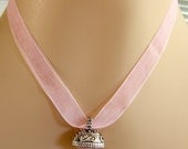 Handcrafted Romantic Silver Fairy Queen Pink Quartz Ring on Pink Organza18" Choker / Necklace OOAK
