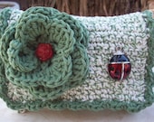 Army Green with Army Green Tweed and Ladybug  Crocheted Cotton Little Bit Purse