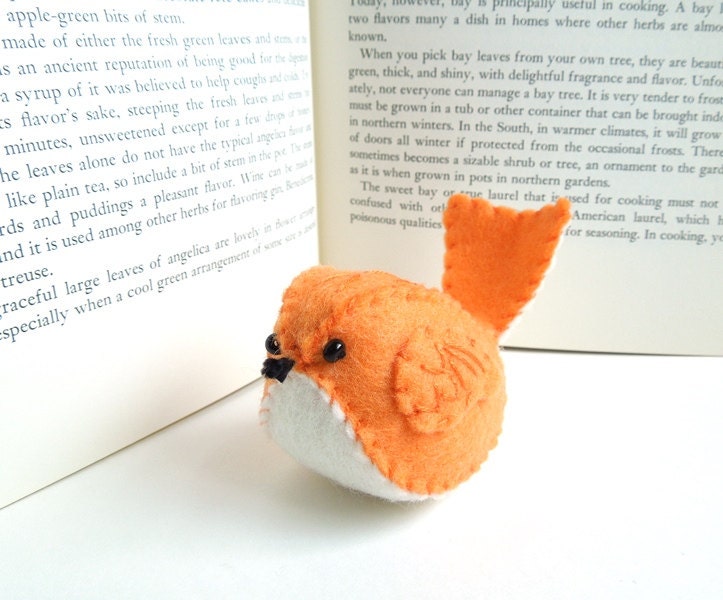 Neon Orange Embroidered Wool Felt Bird