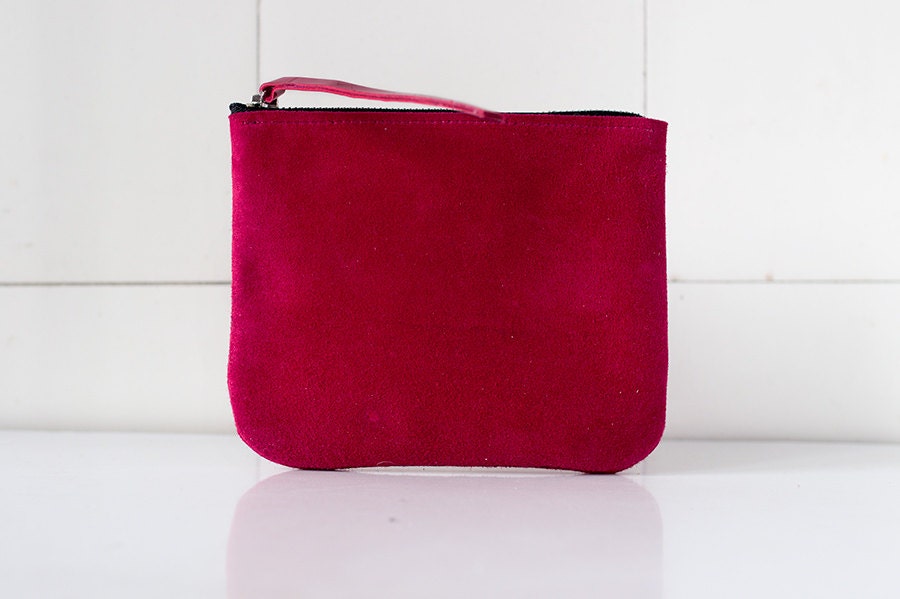 RED suede Leather  Clutch 6 inch, coin purse, every day purse