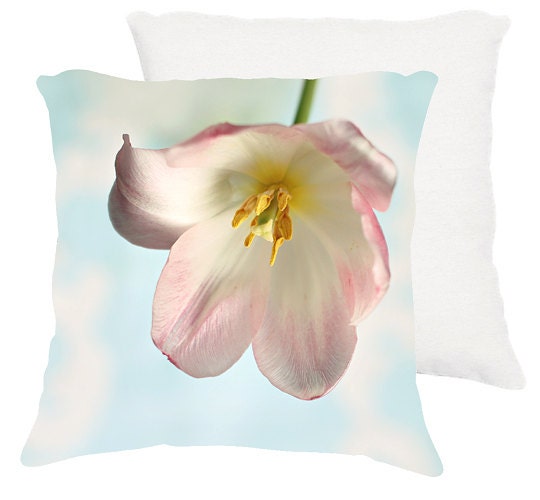 18x18 cotton pillow "Single pink tulip", spring blossoms, flowers, cottage decor, pink pillow, aqua
