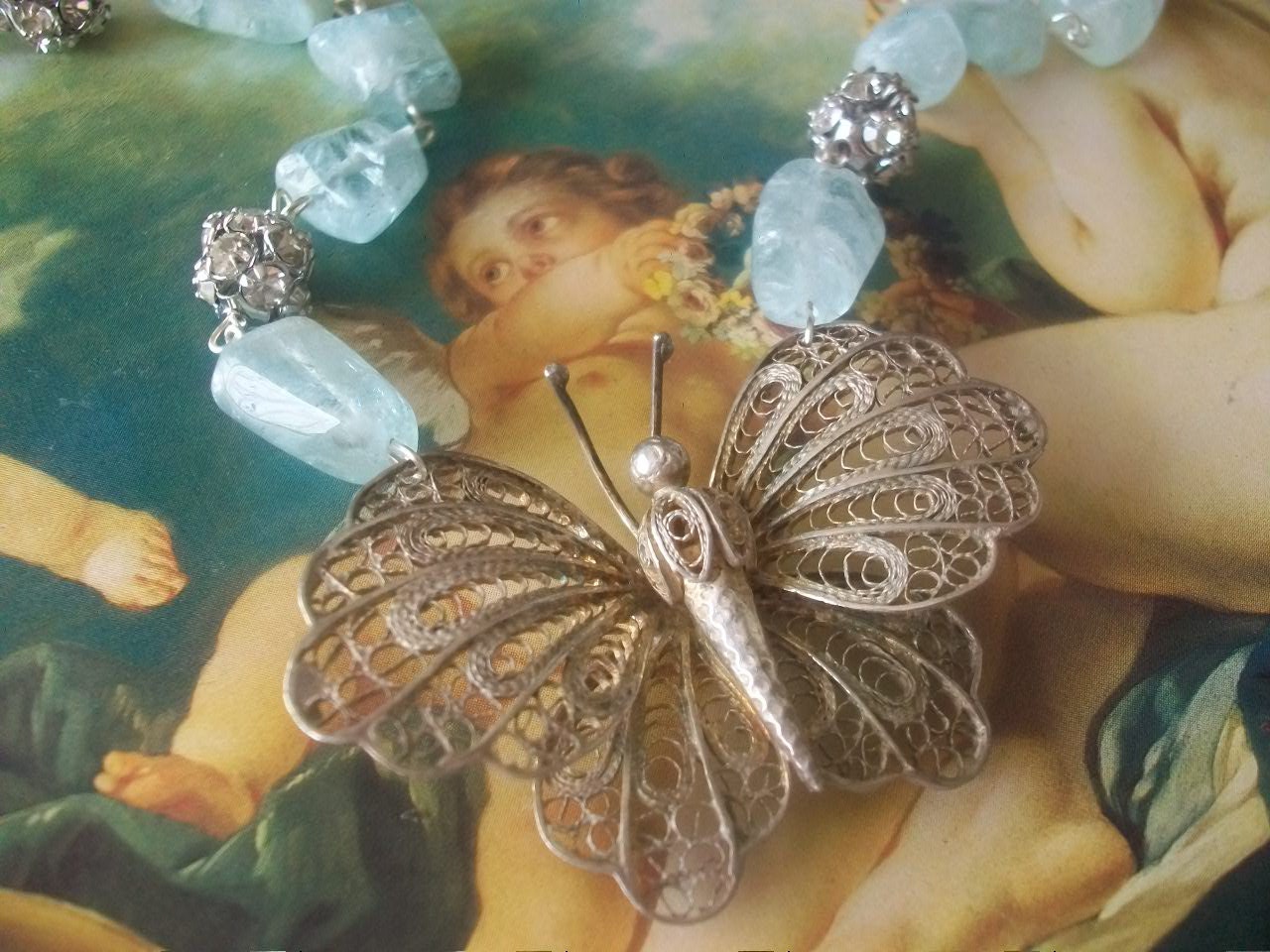 PAPILLION - Vintage Assemblage Filigree Butterfly And Aquamarine NECKLACE