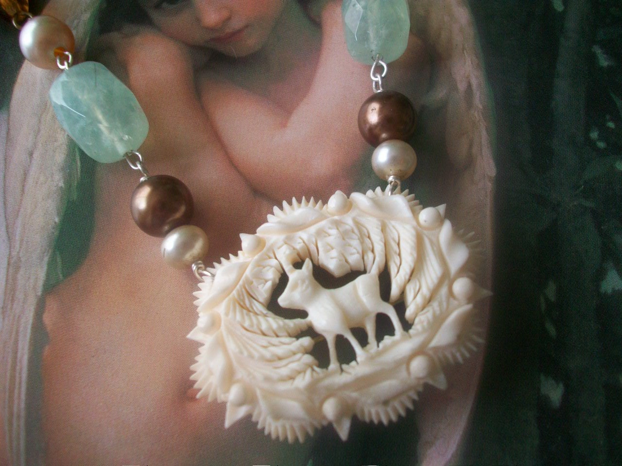 MY DEER  - Victorian Carved Stag Brooch And Flourite Bead Assemblage NECKLACE