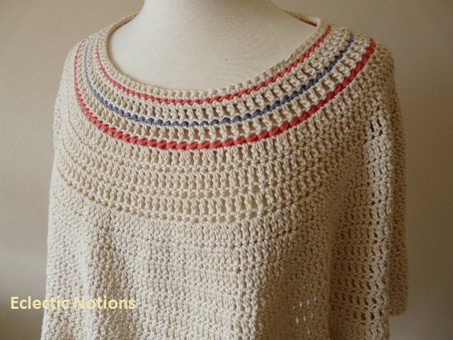Cream Colored Poncho / Cape with a peach and lavender accented neckline - C112